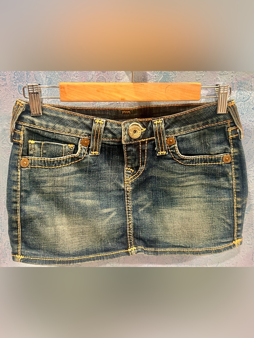 True Religion Blue Denim Mini Skirt with Contrast Stitching